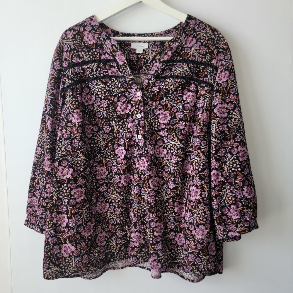 J.Jill women's floral popover corduroy top size XL Peasant V-neck 3/4 sleeves